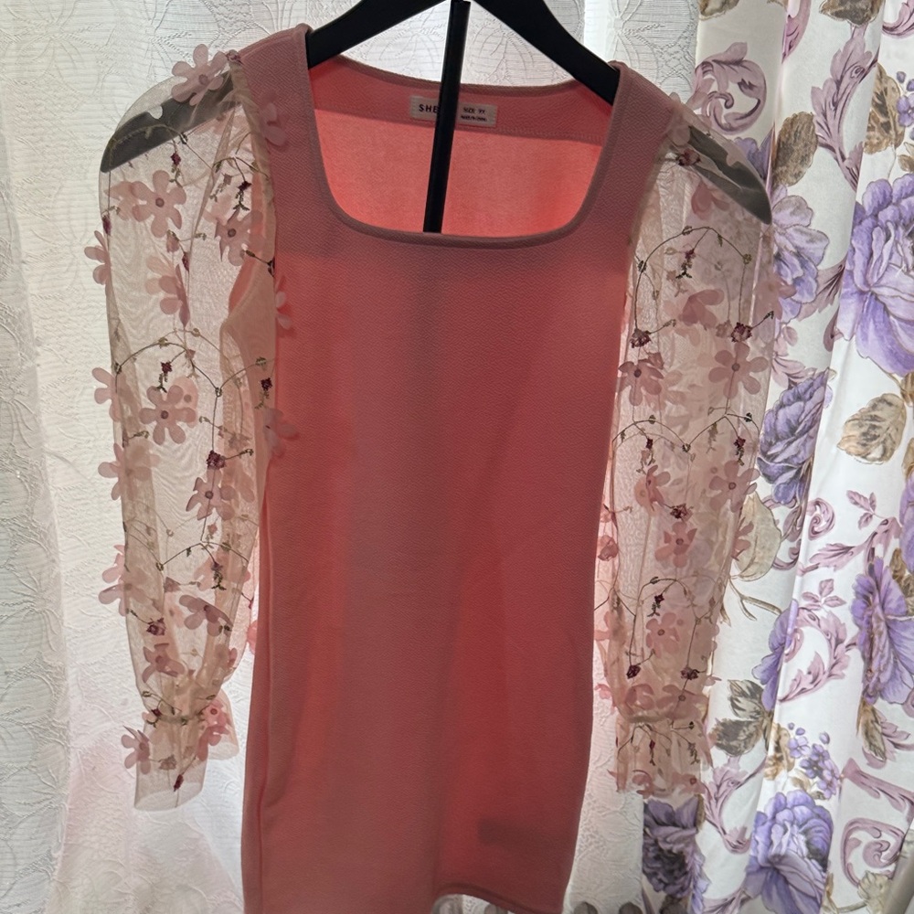 SHEIN Pink Embroidered Mesh Sleeve Square Neck Dressy Top